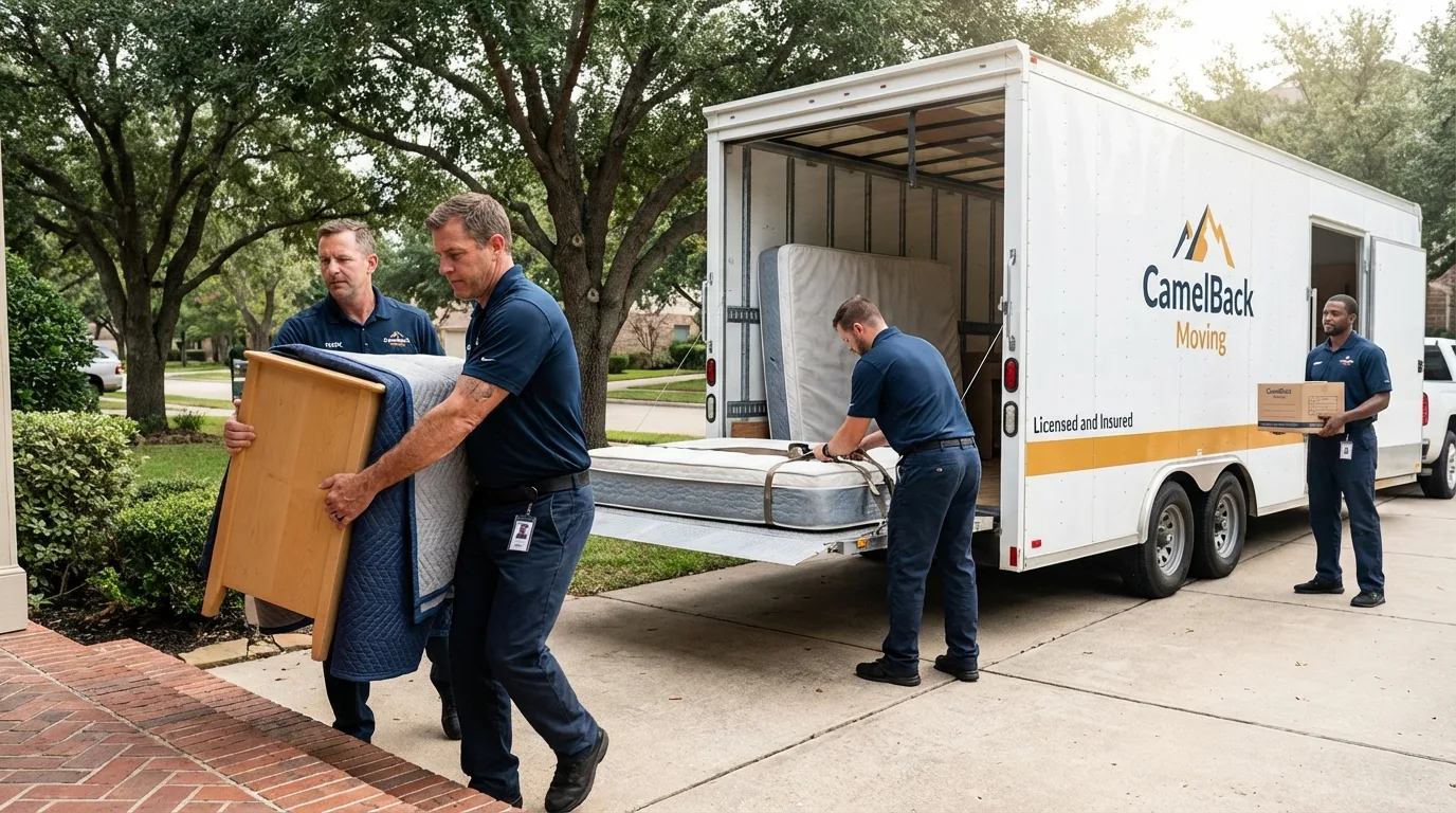Crew loading residential truck for cross-state move from Cortez, CO
