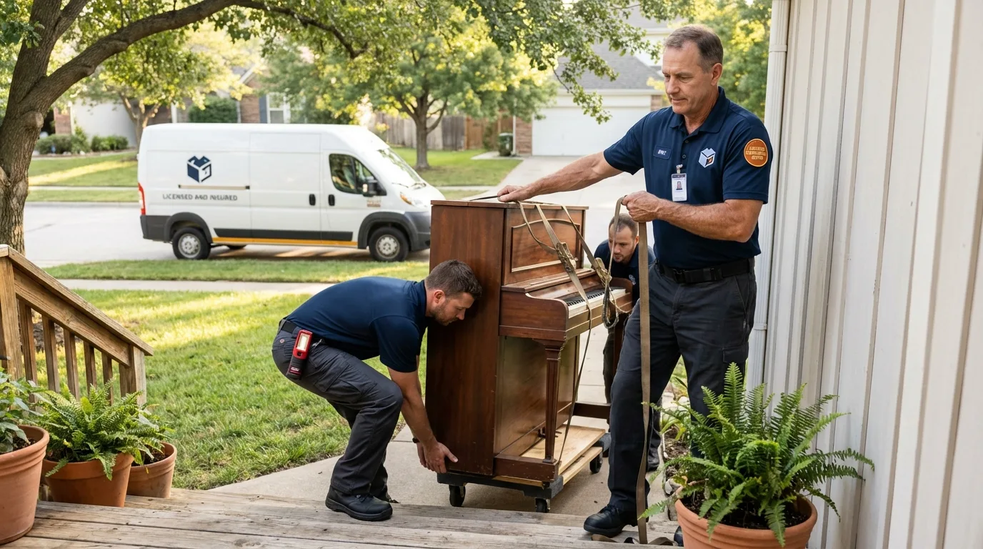 Licensed piano movers securing grand piano in Cortez, CO