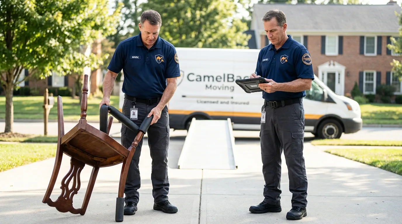 Movers inspecting furniture for damage prevention before loading in Cortez, CO