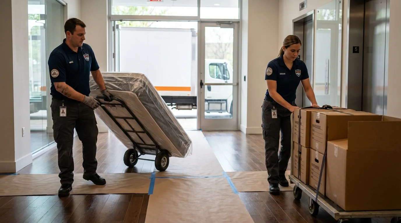 Professional apartment movers loading elevator in Cortez, CO
